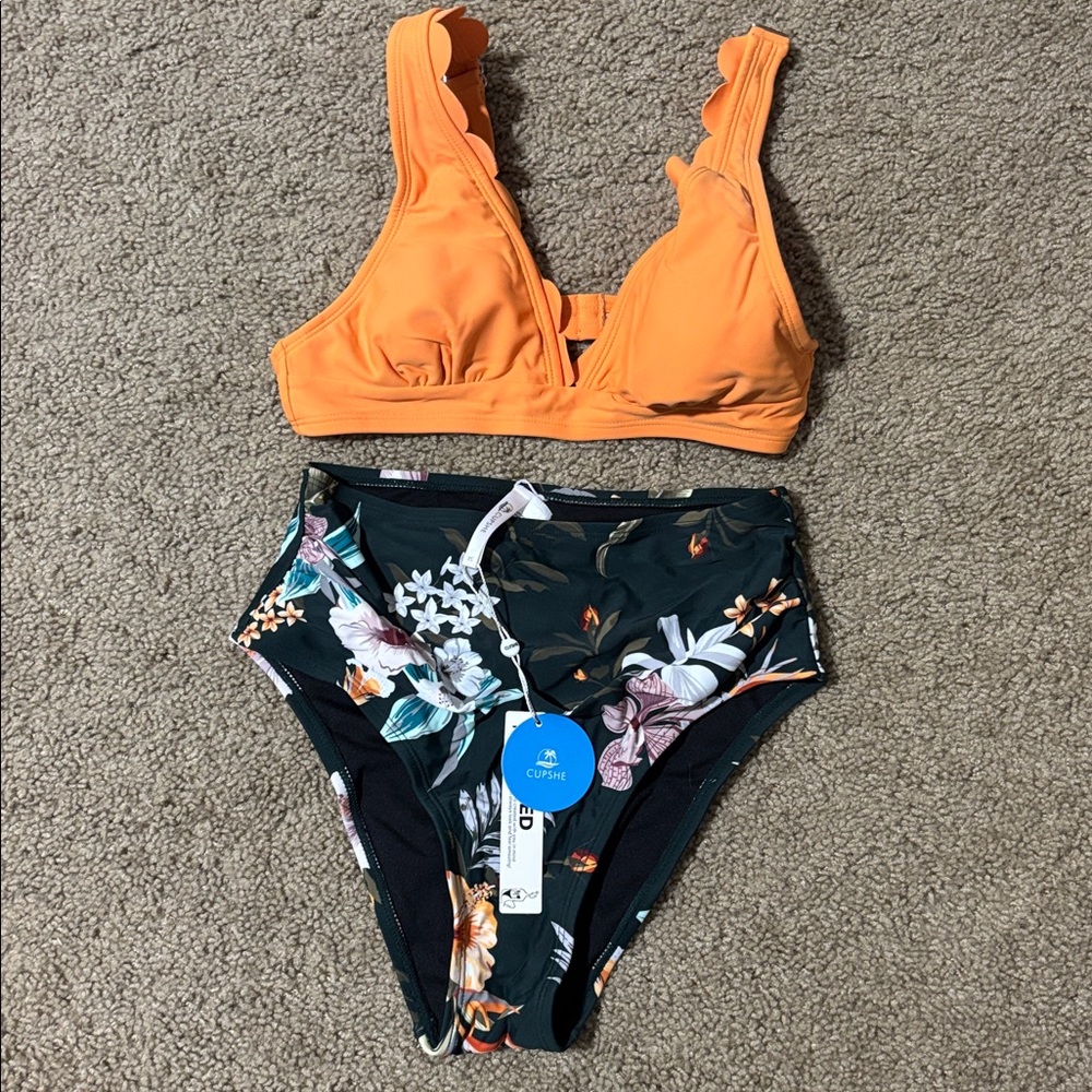 Cupshe Orange & Dark Green Floral Two-Piece Set, NWT